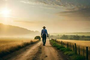 a man walking down a dirt road with a cane. AI-Generated photo