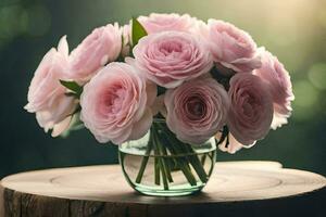 rosado rosas en un florero en un mesa. generado por ai foto