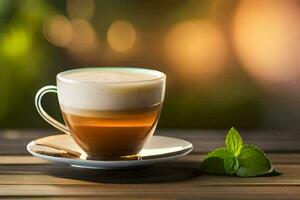 a cup of coffee with mint leaves on a wooden table. AI-Generated photo