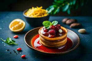 pancakes with raspberry sauce on a plate. AI-Generated photo