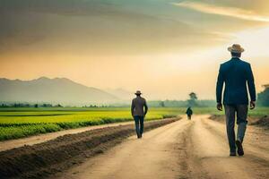 two men walking down a dirt road in the middle of a field. AI-Generated photo