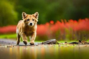 a puppy running across a field with red flowers. AI-Generated photo