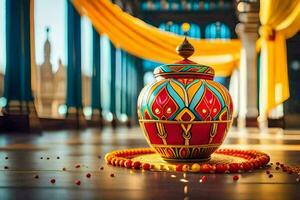 a colorful vase on the floor with beads around it. AI-Generated photo