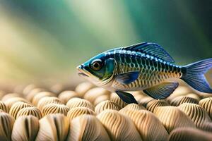 un pescado es en pie en parte superior de un pila de conchas generado por ai foto