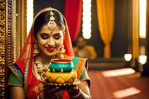 un mujer en tradicional indio atuendo participación un pequeño oro plato. generado por ai foto