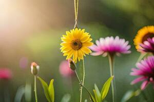 a yellow sunflower is hanging from a string in the sun. AI-Generated photo