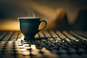 un taza de café en un teclado. generado por ai foto