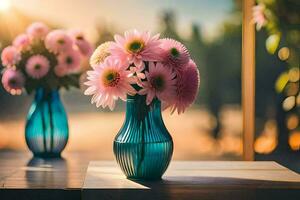 pink flowers in a blue vase on a table. AI-Generated photo