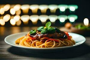 spaghetti with chicken and vegetables on a plate. AI-Generated photo