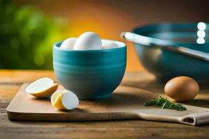 a bowl of eggs and a cutting board with an egg. AI-Generated photo