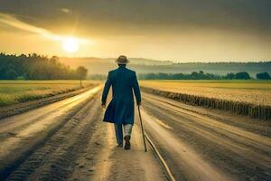 a man in a suit walks down a dirt road. AI-Generated photo