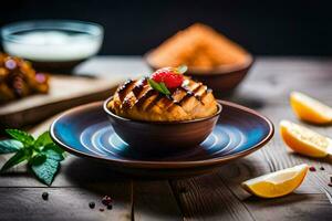 a dessert in a bowl with lemon slices and mint leaves. AI-Generated photo