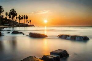 the sun sets over the ocean and rocks. AI-Generated photo