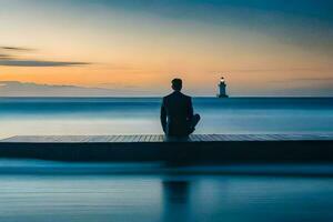 man sitting on dock at sunset with lighthouse in the background. AI-Generated photo