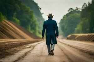 un hombre en un azul traje y sombrero caminando abajo un suciedad la carretera. generado por ai foto