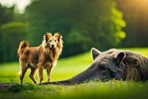 a dog and a hippo standing in the grass. AI-Generated photo