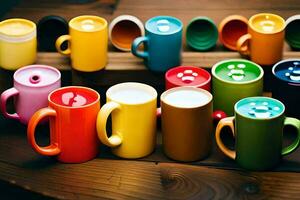 many colorful coffee cups are lined up on a table. AI-Generated photo