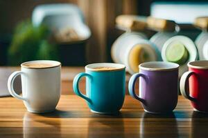 cinco diferente de colores café tazas forrado arriba en un mesa. generado por ai foto