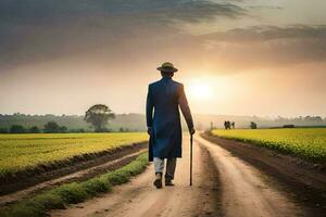 a man in a blue suit walking down a dirt road. AI-Generated photo