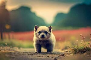 un pequeño perro es caminando en un suciedad la carretera. generado por ai foto