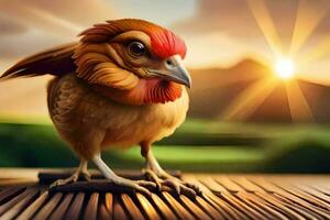 a chicken is standing on a wooden table with the sun setting behind it. AI-Generated photo