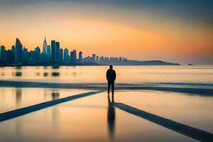 a man standing on the beach at sunset with the city skyline in the background. AI-Generated photo