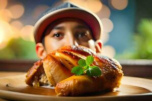 un chico en un gorra es mirando a un pedazo de pollo. generado por ai foto