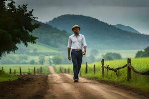 a man walking down a dirt road in the middle of a field. AI-Generated photo