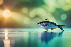 un pescado es en pie en el agua con un brillante ligero detrás él. generado por ai foto