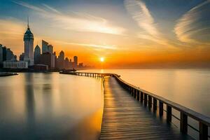 the sun rises over the city skyline in dubai. AI-Generated photo