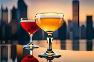 two glasses of alcohol are sitting on a table in front of a city skyline. AI-Generated photo