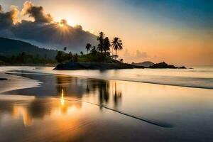 the sun sets over the ocean and a beach. AI-Generated photo