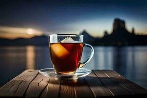 un vaso de té en un de madera mesa con un lago en el antecedentes. generado por ai foto