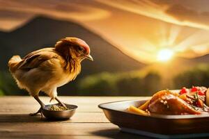 a chicken is standing on a table with a plate of food. AI-Generated photo