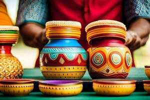 colorful pots and bowls are displayed on a table. AI-Generated photo