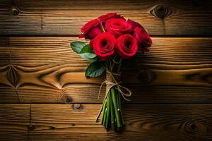 red roses on a wooden background. AI-Generated photo