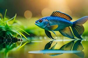 a fish is standing in the water with grass and sunlight. AI-Generated photo