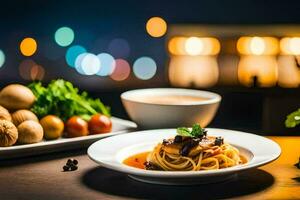 a plate of pasta and a bowl of tomato sauce on a table in front of a blurred background. AI-Generated photo