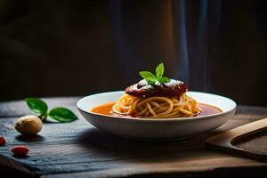 spaghetti with tomato sauce and meat in a bowl on a wooden table. AI-Generated photo