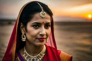 an indian woman in traditional attire at sunset. AI-Generated photo