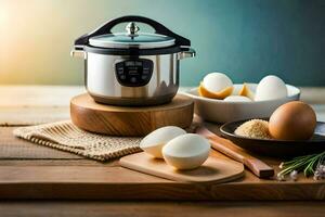 an instant pot with eggs and other ingredients. AI-Generated photo