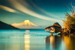 a fish is standing on the shore with a mountain in the background. AI-Generated photo