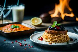 a plate of spaghetti with meat and sauce next to a fire. AI-Generated photo