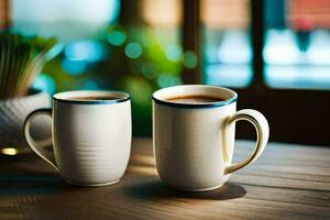 two coffee mugs sit on a wooden table. AI-Generated photo