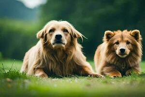 dos dorado perros perdigueros sentado en el césped. generado por ai foto