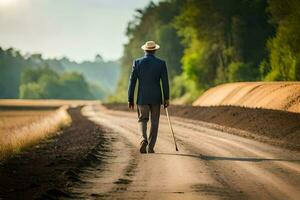 a man in a suit and hat walking down a dirt road. AI-Generated photo