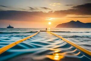 a long wooden pier in the ocean at sunset. AI-Generated photo