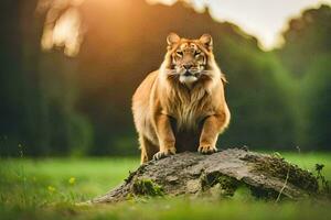 un Tigre en pie en un rock en el medio de un campo. generado por ai foto