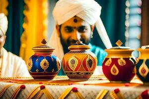 a man in a turban is looking at some colorful pots. AI-Generated photo