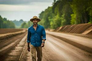 un hombre en un sombrero y azul camisa caminando en un suciedad la carretera. generado por ai foto